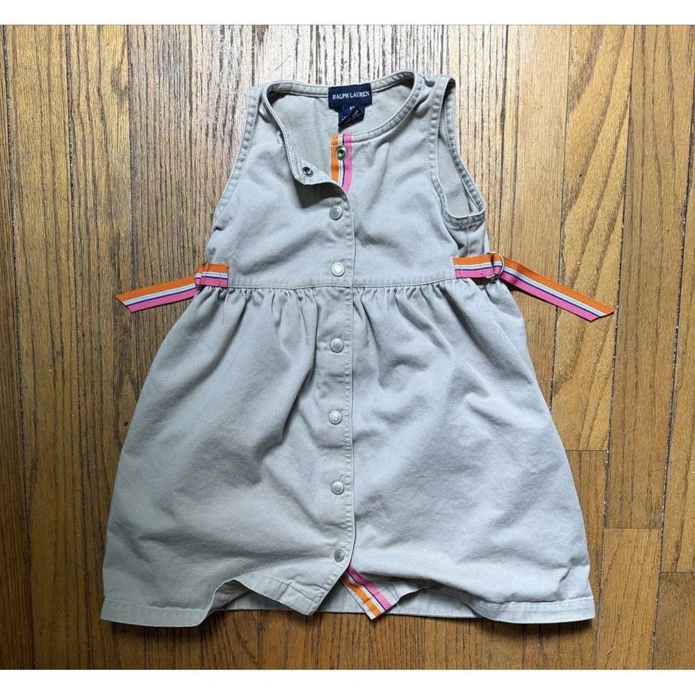 Ralph Lauren Girls Jumper Dress 4T Full Button Front Toddler Beige Cotton EUC!